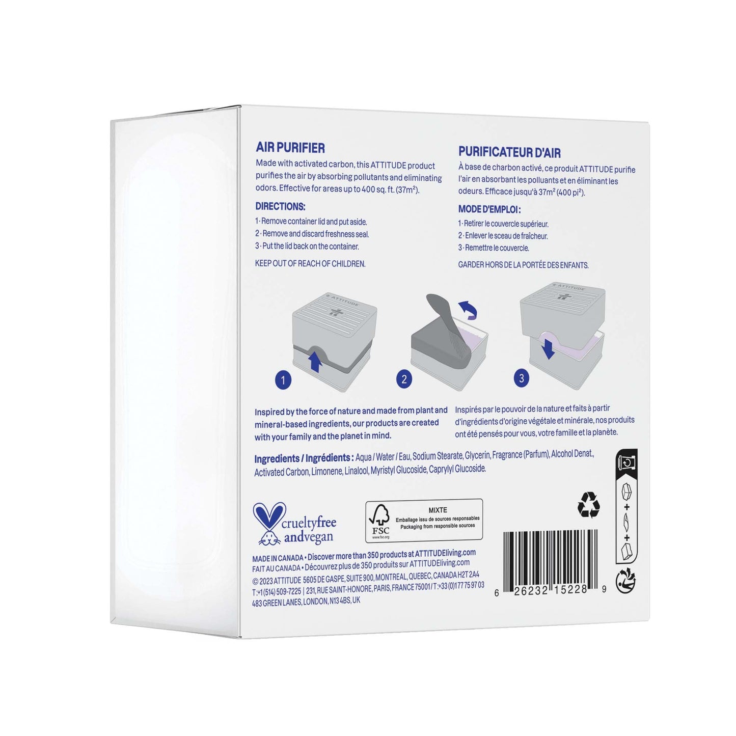 ATTITUDE Odor Eliminator with Activated Carbon, Plant-Based Air Purifier, Vegan, Lavender & Eucalyptus Scent, 8 Ounces