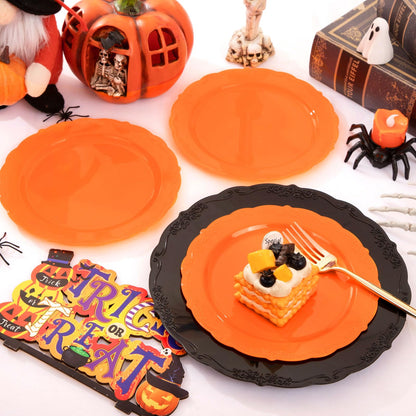 U-QE 60 Pieces Halloween Plastic Plates - Orange and Black Plates Disposable for Party - Halloween Party Supplies Including 30 Black Plastic Plate 10'' & 30 Orange Plate 7.5 ''