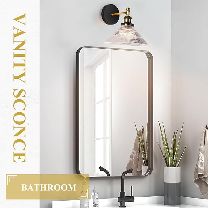 Vintage Wall Sconces Set of 2 Indoor 110V Hardwired Ribbed Glass Wall Mounted Lamp Light Fixtures for Bathroom Vanity Kitchen Hallway Stairway, Anti-Rust Brushed Bronze Finish, E26 Base, WS-23061-A2