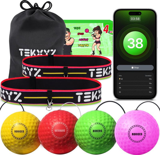 TEKXYZ® Reflex Ball Family Pack with Counter App | Online Community for Boxing Ball, Ideal for Coordination, Punching, Stress Relief, Home Workouts & Fitness | Stocking Stuffer Gift for All Ages