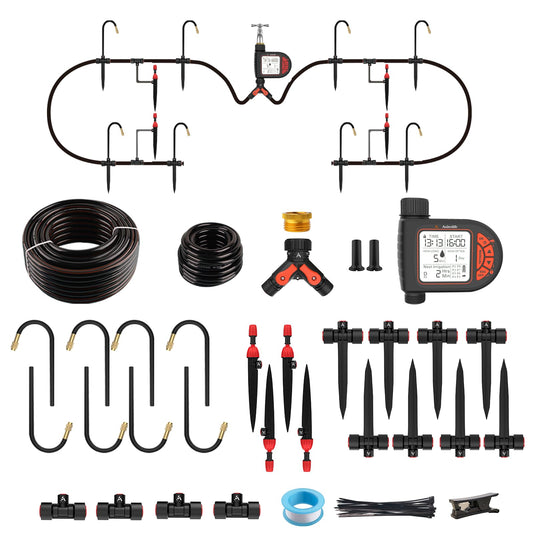 A ANLEOLIFE 82.4FT Automatic Drip Irrigation Kit with Water Timer, 8 Programs & LCD, Quick-Connect System, 1/2" Mainline + 1/4" Tubing, 360° Bendable Nozzles for Raised Beds, Garden & Greenhouse
