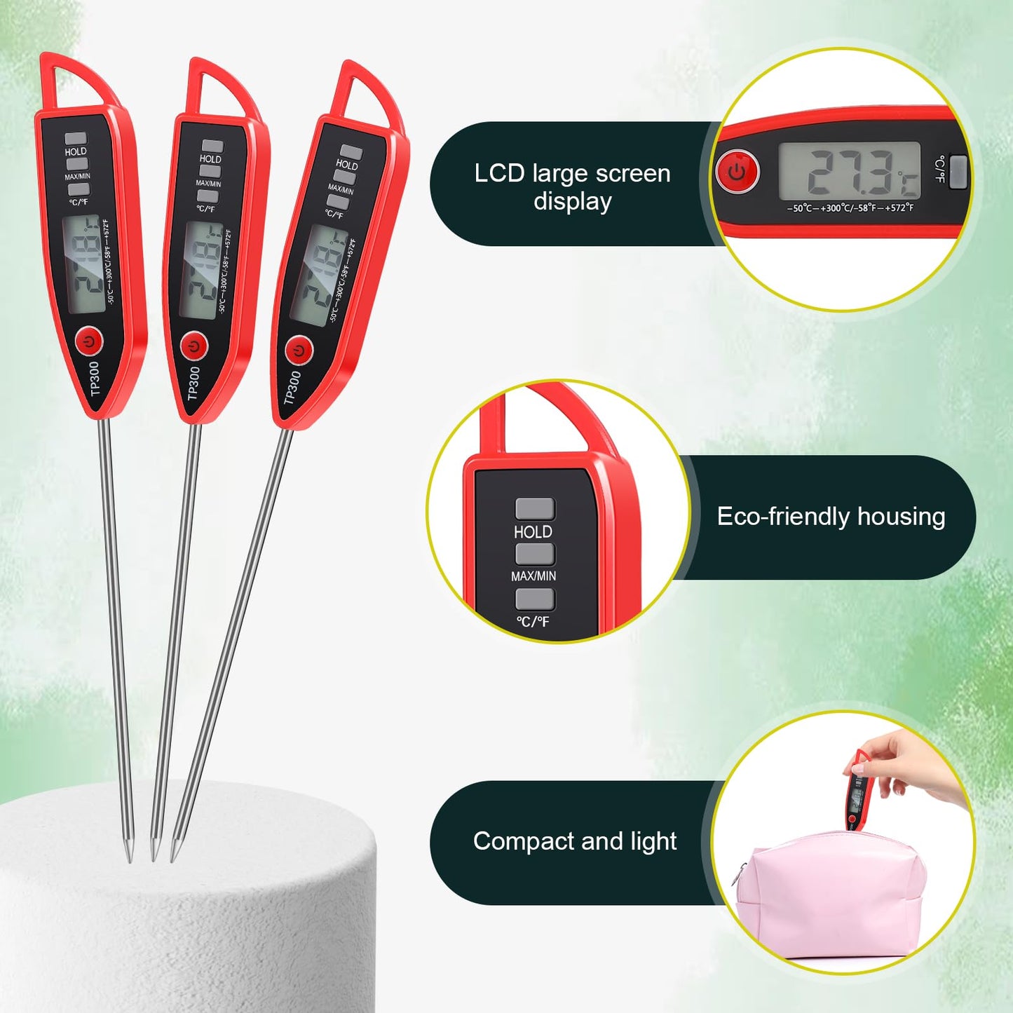 6 Pcs Instant Read Meat Thermometer with Long Probe 9.65 Inch Kitchen Cooking Food Candy Waterproof Digital Thermometer for BBQ Water Milk Yogurt Liquid (Round&Square Ring,Black,White,Red)