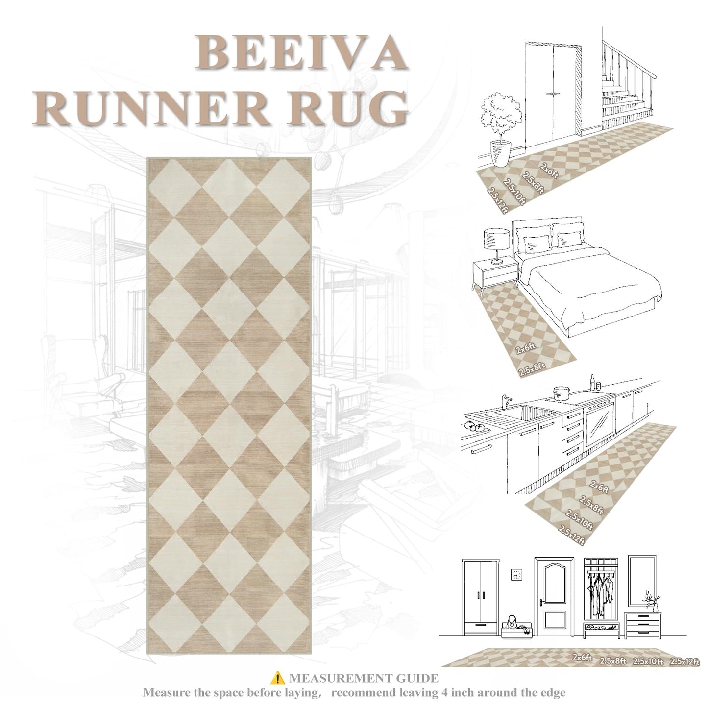 Beeiva Checkered Print Rug Runners for Hallways Non Slip 2.5x8, Ultra Thin Beige Kitchen Runner Rugs Non Skid Washable, Classic Neutral Gingham Decor Faux Wool Carpet for Bathroom Bedroom Entryway