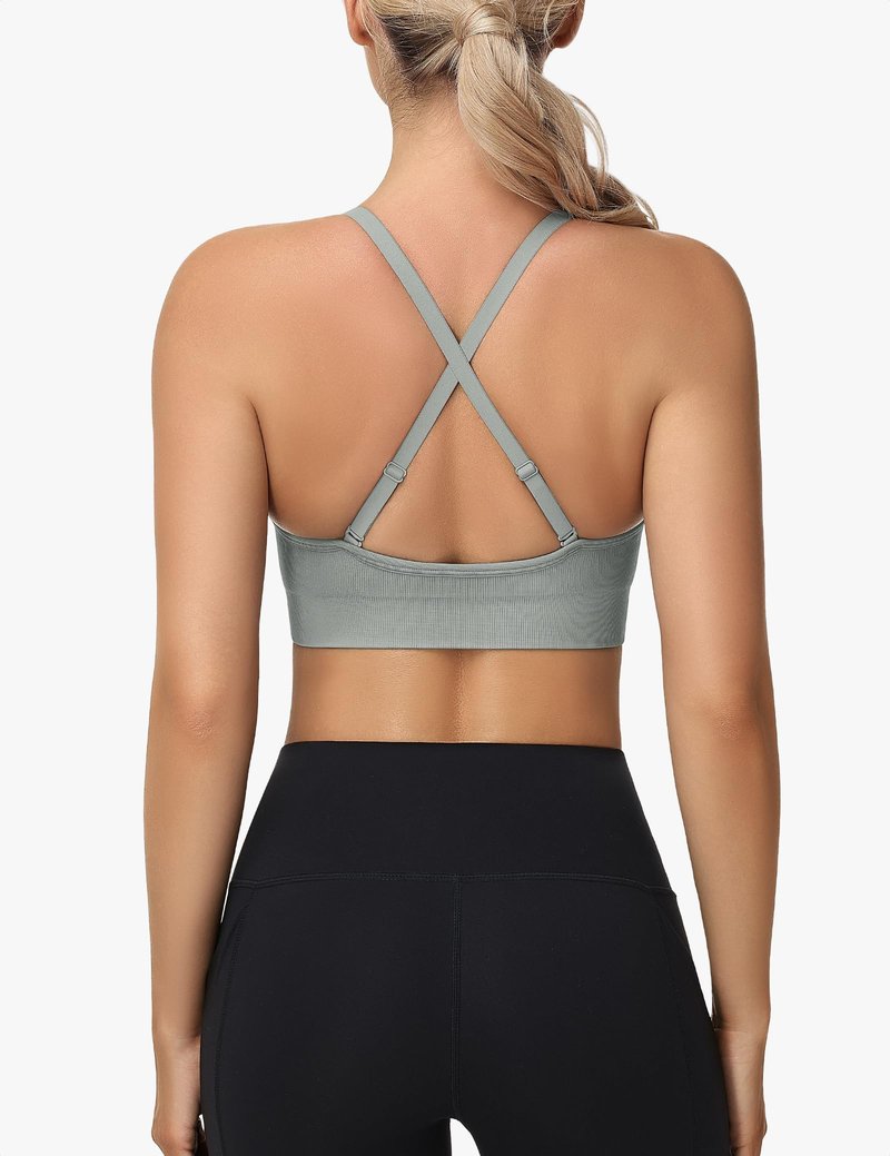 WANAYOU Sport Bras for Women, Low Cut Adjustable Spaghetti Strap Cross Back Womens Sports Bras with Padding Low Support Wireless Seamless Sexy Bralette for Workout 3 Pack Black White Grey Medium
