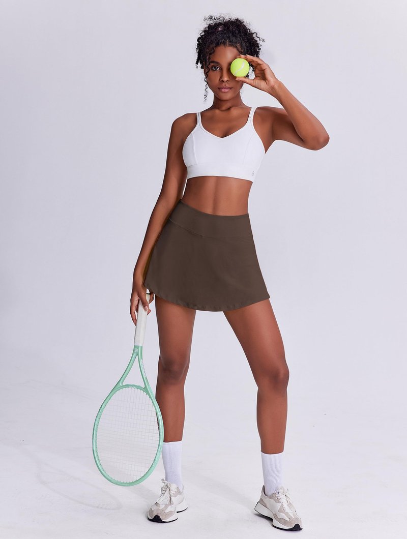 PINSPARK Tennis Skirts for Women Lightweight Golf Skirt with Pockets Stretchy Pickleball Skorts Quick Dry Athletic Skort Flowy Pleated Active Skirt, Espresso Brown Medium