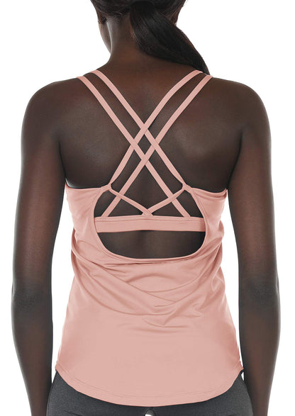icyzone Workout Tank Tops Built in Bra - Women's Strappy Athletic Yoga Tops, Running Exercise Gym Shirts (XL, Pale Blush)