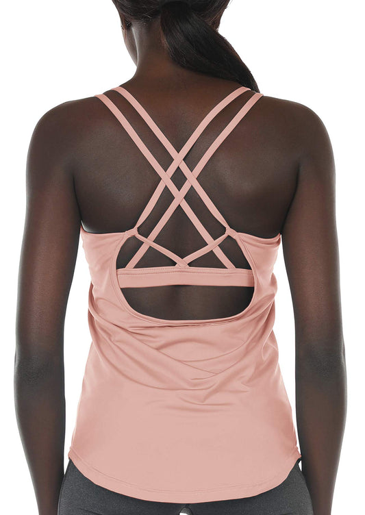 icyzone Workout Tank Tops Built in Bra - Women's Strappy Athletic Yoga Tops, Running Exercise Gym Shirts (XL, Pale Blush)