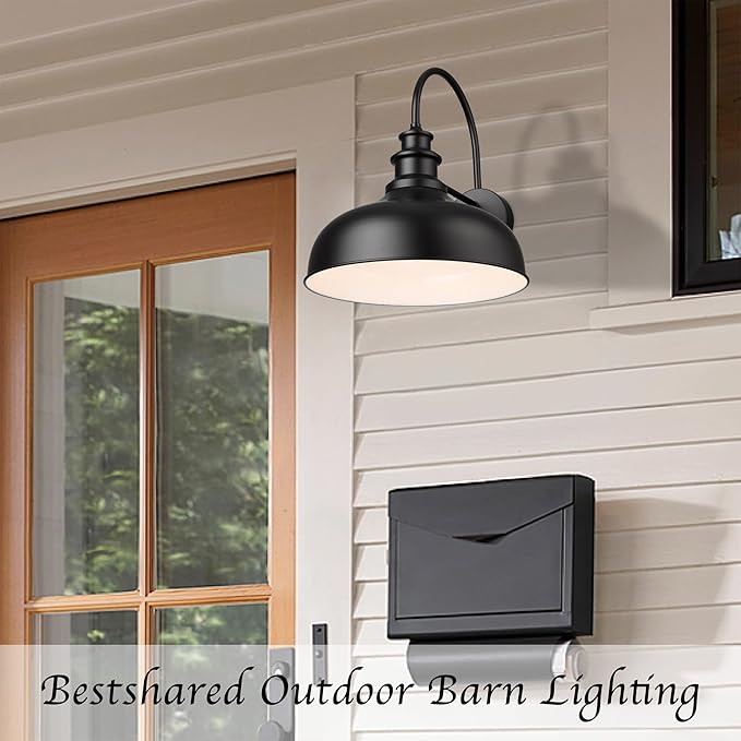 Bestshared Large Farmhouse Barn Lights 16 Inch Dome Outdoor Wall Lighting Fixture Industrial Wall Sconces Exterior Mount Lantern Light for Porch, Entryway, Garage(2Pack, Black+White)