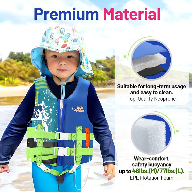 HeySplash Toddler Swim Vest, Kids Swimming Jacket Toddler Floaties with Adjustable Strap, Float Jacket for Puddle Pool Jumper, Beach, Boating, Learn to Swim Aid Fits 6-9Years/50-80Lbs, Indigo