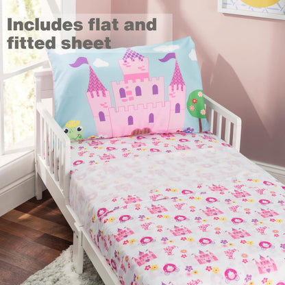 EVERYDAY KIDS 4 Piece Toddler Bedding Set -Princess Storyland- Includes Comforter, Flat Sheet, Fitted Sheet and Reversible Pillowcase