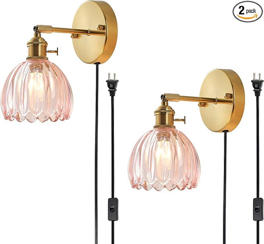 Plug in and Hardwired Wall Sconces, Luxury Vintage Tulip Crystal Glass Shade Wall Light with Switch for Bedside Bedroom Living Room (Tulip-Pink, 2)