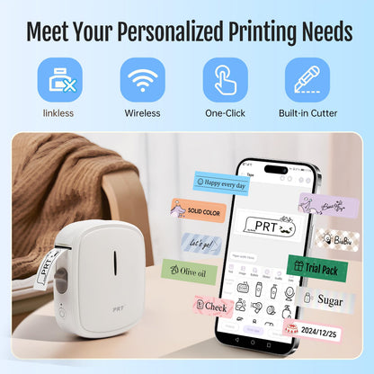 PRT Label Makers Machine with Tape Built-in Cutter Portable Bluetooth Handheld Sticker Printer for Home Office Organization iOS Android Mini Inkless Labeler USB Rechargeable- White