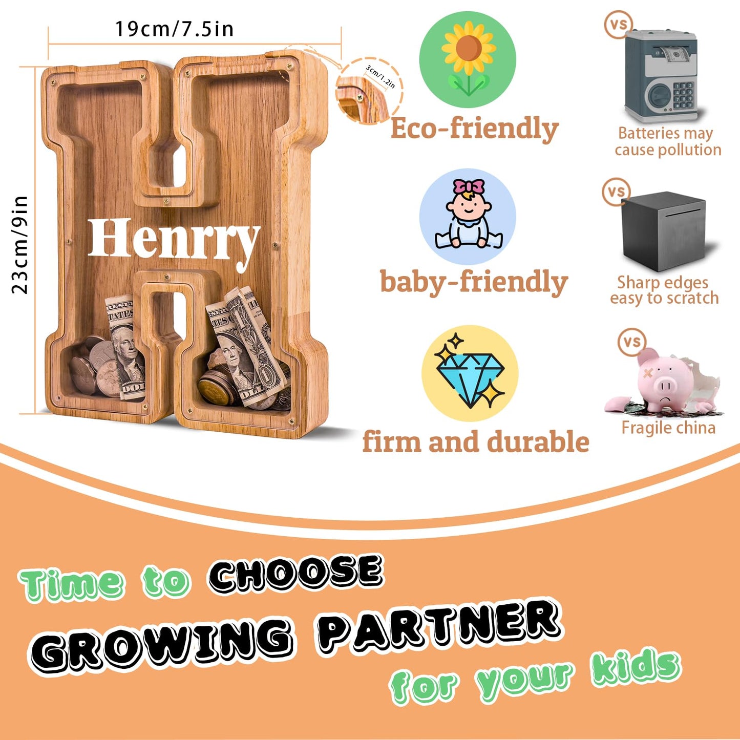 JOOMLAFLY Wooden Letter Piggy Bank for Kids - Personalized Initial Coin Bank for Boys and Girls