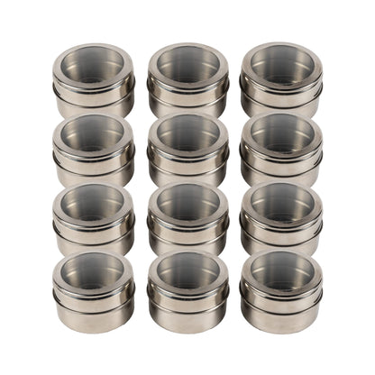 Spice Jars 12 Pack Magnetic Spice Tins Stainless Steel Transparent Top | Labels Included | Magnetic Storage Containers | Magnetic Condiment Tins | M&W