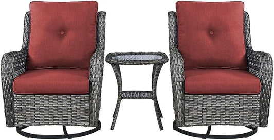 Rilyson Patio Chairs Rocking Swivel Chiar - 3 Piece Outdoor Wicker Patio Bistro Set Rattan Rocker Glider Chairs with High Back and Deep Seating for Outside Porch Deck Garden(Mixed Grey/Red)