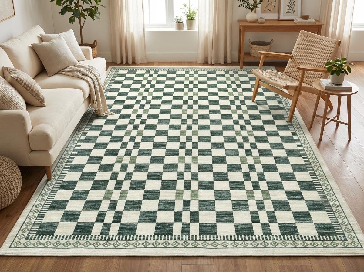 GarveeHome 5x7 Washable Rug for Living Room Contemporary Sage Green Geometric Floor Carpets Low Pile Non-Slip Nursery Room Carpet High Traffic Modern Abstract Checkered Area Rug for Bedroom