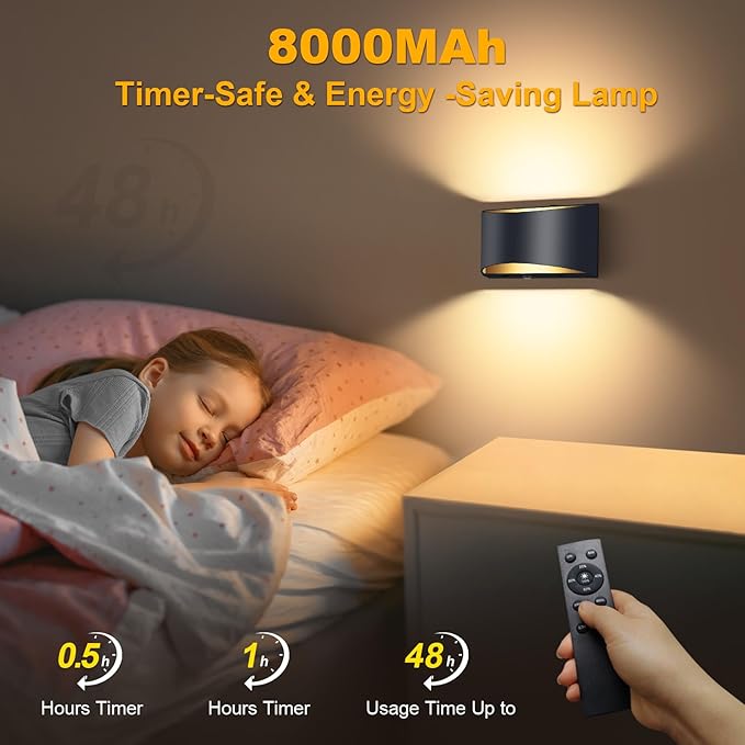Battery Operated Wall Sconces Set of 2, 8000mAh Rechargeable Wireless Remote & Touch Control Battery Wall Lights, 3 Color Temperatures, Timer Cordless Dimmable Light for Bedroom, Living Room, Hallway