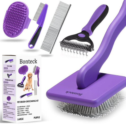 Bonteck Dog Slicker Brush for Dogs Grooming Kit 5PCS | Large Dog Brush for Goldendoodles Poodles Doodles | Long Pin Haired Brush | Poodle Brushes and Comb (Purple)