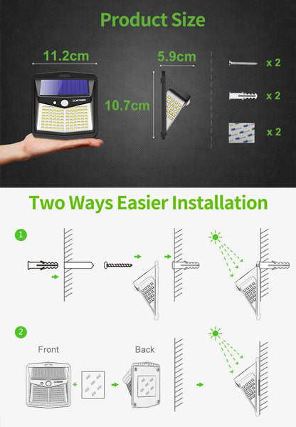 CLAONER Solar Powered Lights Outdoor, Upgraded Wireless 270° IP65 Solar Motion Sensor Security/Wall Light for Front Door, Yard, Garage, Garden, Fence, Cool White (2 Pack)