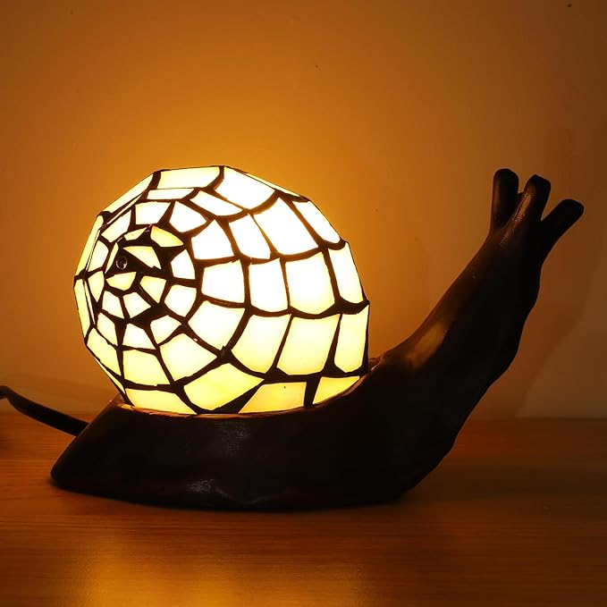 Tiffany Style Pink Snail Accent Table Lamp Handmade Stained Glass Shade Night Light for Kids with 3 Color Temperatures LED Bulb - Ideal Gift for Home Decor(8" D x 5." W x 5." H)