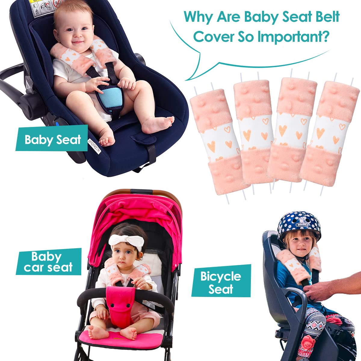 1 one enjoy 4 Packs Harness Pads Baby Car Seat Strap Covers, Universal Baby Belts Pads Shoulder Covers for Newborns Car Seats, Pushchair, Stroller 15 x 5cm