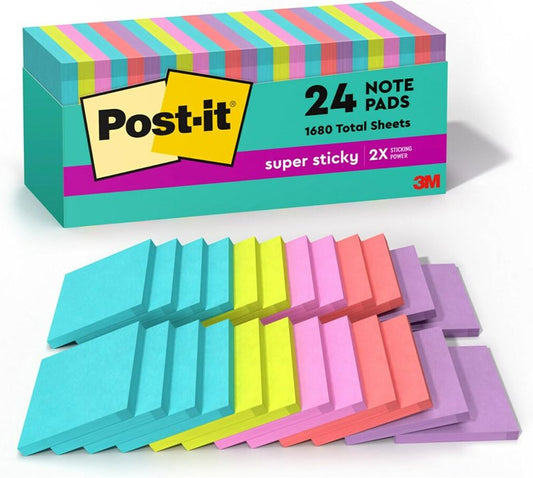 Super Sticky Notes - 24 Pads, 3x3 in. | 2X Sticking Power, Supernova Neons Collection