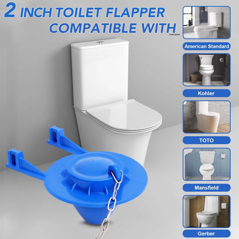 2-Inch Toilet Flapper Replacement Kit Compatible with Most Kohler, American Standard, TOTO & Standard 2″ Flush Valves, High Performance Rubber with Stainless Steel Chain, Easy Install (2 Pack, Blue)