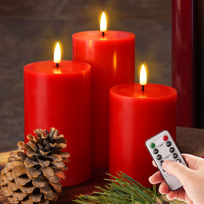 Girimax Red Flameless Pillar Candles with Remote, Christmas LED Candles Set of 3, Flickering Wax Battery Electric Candles Decor