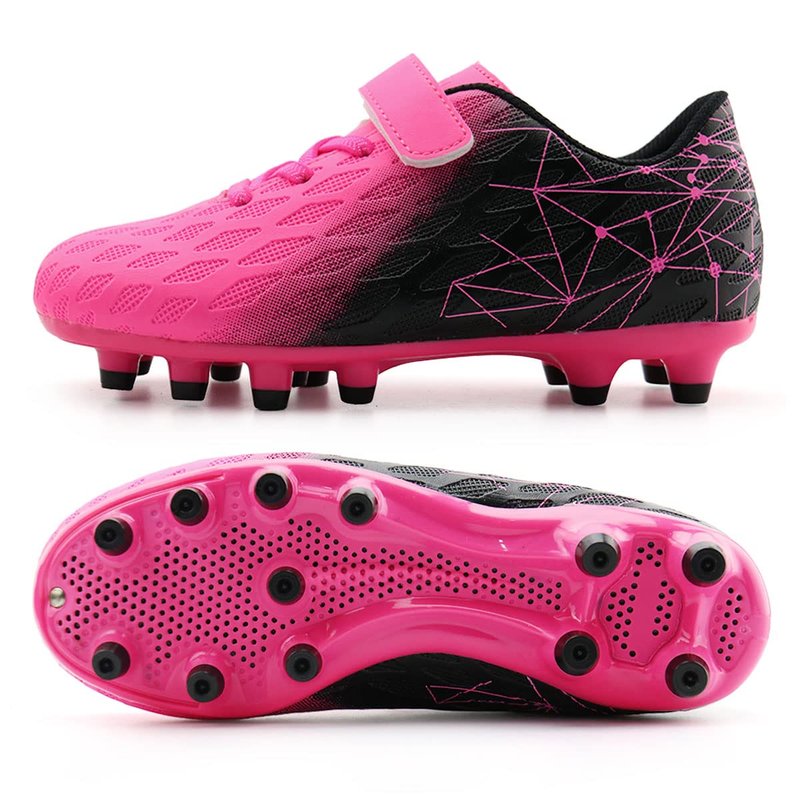 brooman Kids Firm Ground Soccer Cleats Boys Girls Athletic Outdoor Football Shoes(3.5,Fuchsia Black)