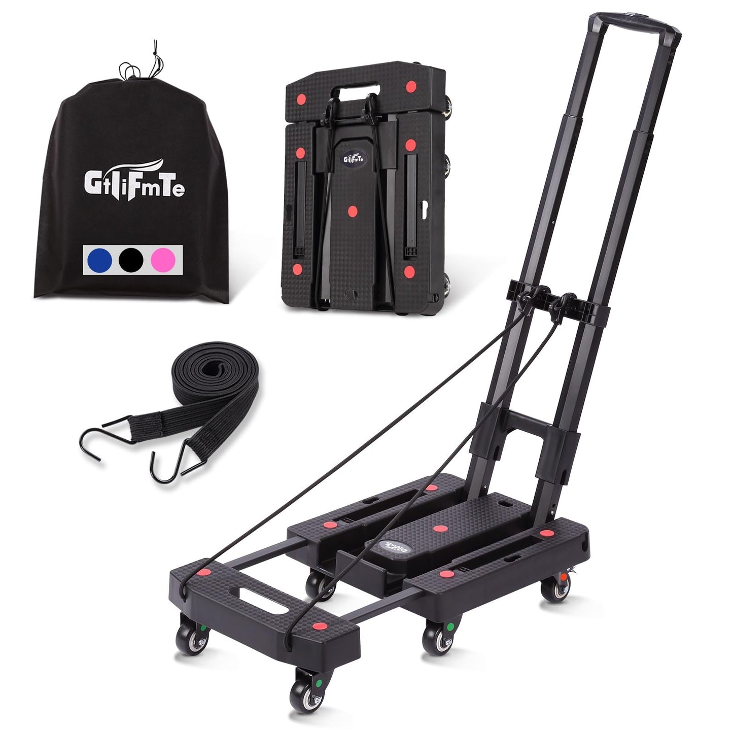 GtIiFmTe Folding Hand Truck Dolly for Moving,500LB Heavy DutyPortable Luggage Cart6 Wheels with 2 Brake,Extendable Utility Dolly Platform Cart with 3 Bungee Cords (Black)