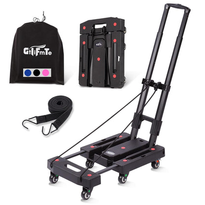 GtIiFmTe Folding Hand Truck Dolly for Moving,500LB Heavy DutyPortable Luggage Cart6 Wheels with 2 Brake,Extendable Utility Dolly Platform Cart with 3 Bungee Cords (Black)