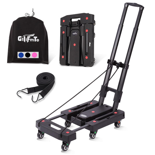 GtIiFmTe Folding Hand Truck Dolly for Moving,500LB Heavy DutyPortable Luggage Cart6 Wheels with 2 Brake,Extendable Utility Dolly Platform Cart with 3 Bungee Cords (Black)