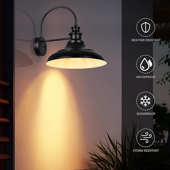 Outdoor Barn Light Fixture, 16 Inch Large Dome Farmhouse Exterior Wall Mount Light, Rustic Gooseneck Wall Sconce Indoor Wall Lighting Fixture, Industrial Black White Lantern for Porch, 1 Pack