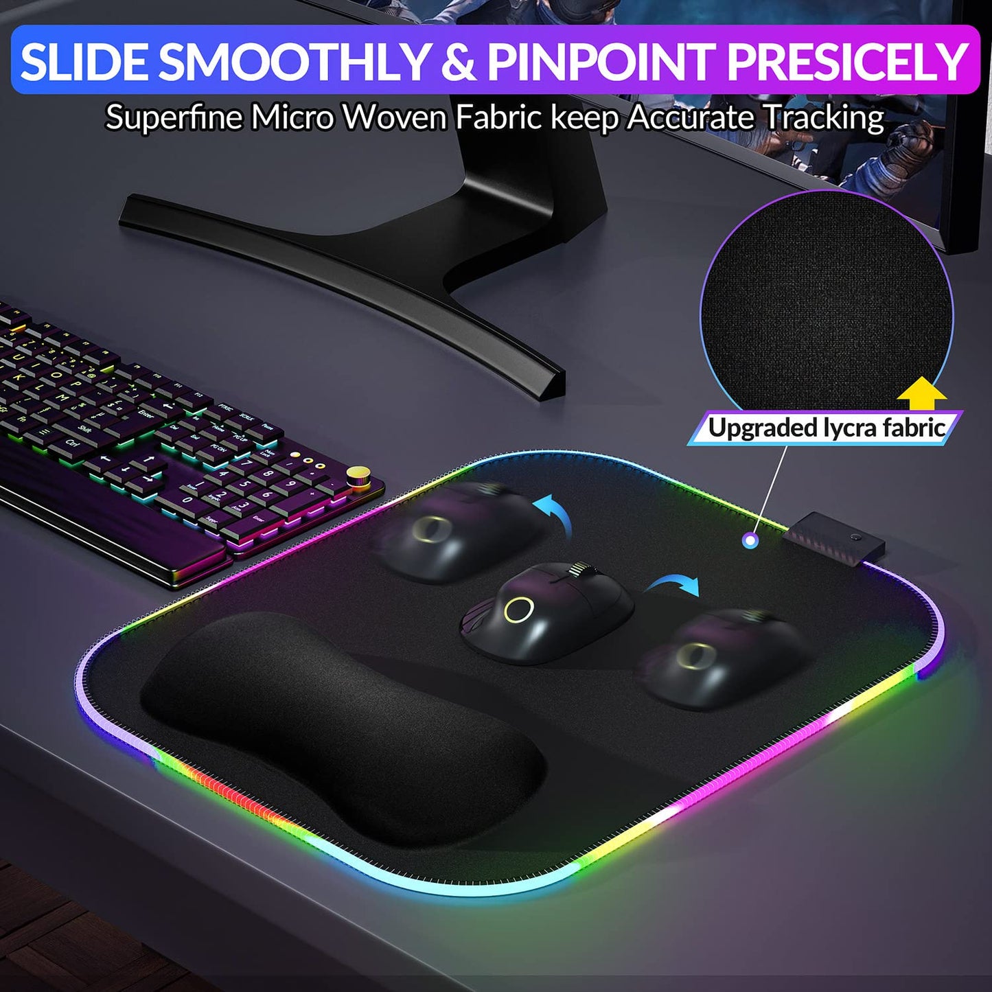 Gimars RGB Mouse Pad with Wrist Rest Support,12 x 10 inch Extra Large Ergonomic Gaming Mouse Pad with 10 LED Lighting Modes, Non-Slip Rubber Base, Lycra Fabric for Laptop, Computer, PC Gaming & Office