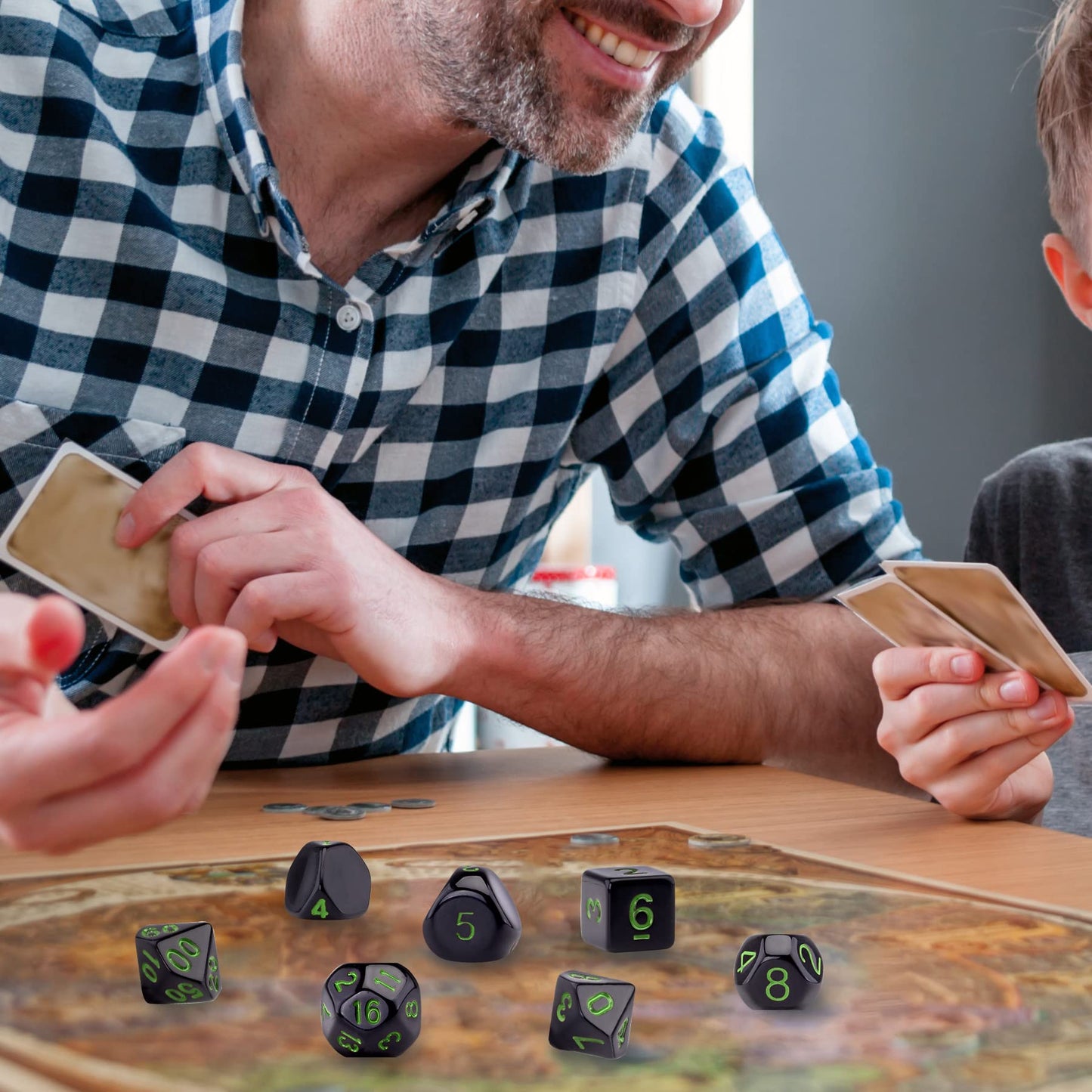 AUSTOR 15 Pieces Complete Polyhedral Dice Set D3-D100 Game Dice Set with a Leather Drawstring Storage Bag for Role Playing Table Games(Black & Green)