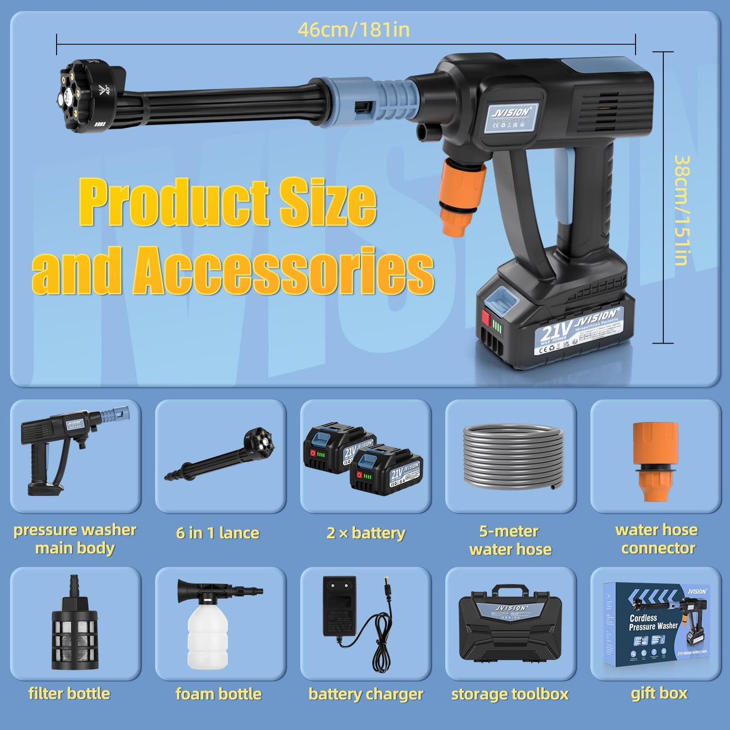 Cordless Pressure Washer, Portable Power Washer for Patio & Car, 6 in 1 Battery-Operated System with 5M Hose, Jet Wash Tool with Dual Batteries, High-Pressure Cordless Jet Cleaner