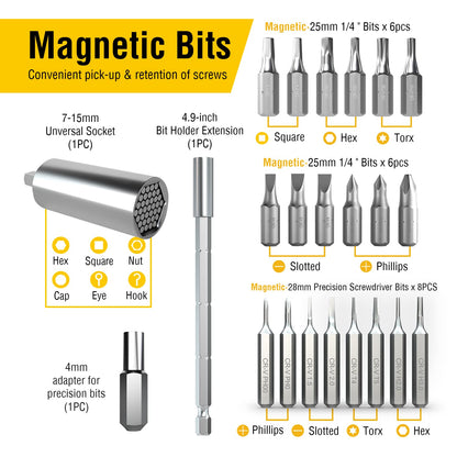 AZUNO 24 in 1 Ratcheting Multi Screwdriver Set with Universal Socket, 20 CRV Bits Stored in Handle, 12+8 Slotted/Torx/Hex/Square Sand Blasted Bits and Chrome Plated Precision bits.