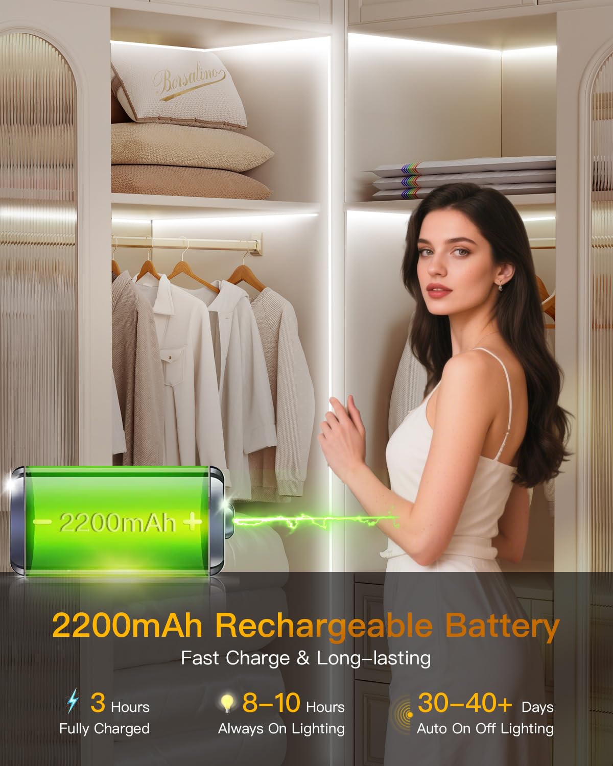 Amagle Under Cabinet Lights, 60 Leds Dimmable Motion Sensor Light Indoor, 2200mAh Rechargeable Battery Closet Lights, 6000K White COB Led Strip Lights for Bedroom, Kitchen, Stair, Shelf, 2 Pack,6.56FT