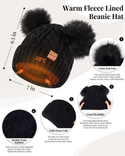 Winter Hat Scarf Glove Set for Women, Warm Fleece Lined Womens Beanie Hat with Double Pom Pom, Gloves with Touchscreen Fingers, Knit Scarf Neck Warmer, Xmas Gift Set for Cold Weather-Black