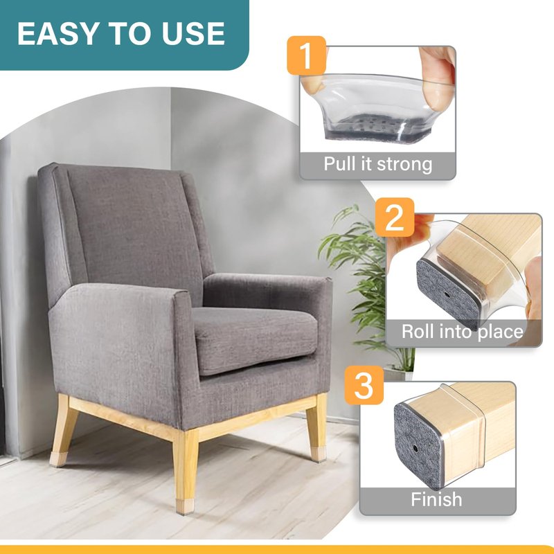 Ansible 24 Pcs Chair Leg Floor Protectors Square, Silicone Felt Furniture Leg Pads Caps Covers for Hardwood Floors (Fit:1-1/2" to 1-7/8")