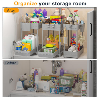 3 Pack Under Sink Organizers, 2-Tier Multi-Use Kitchen and Bathroom Organizers and Storage with Sliding Drawers，Bathroom Cabinet Organizer (Black, 12.8 Inch)