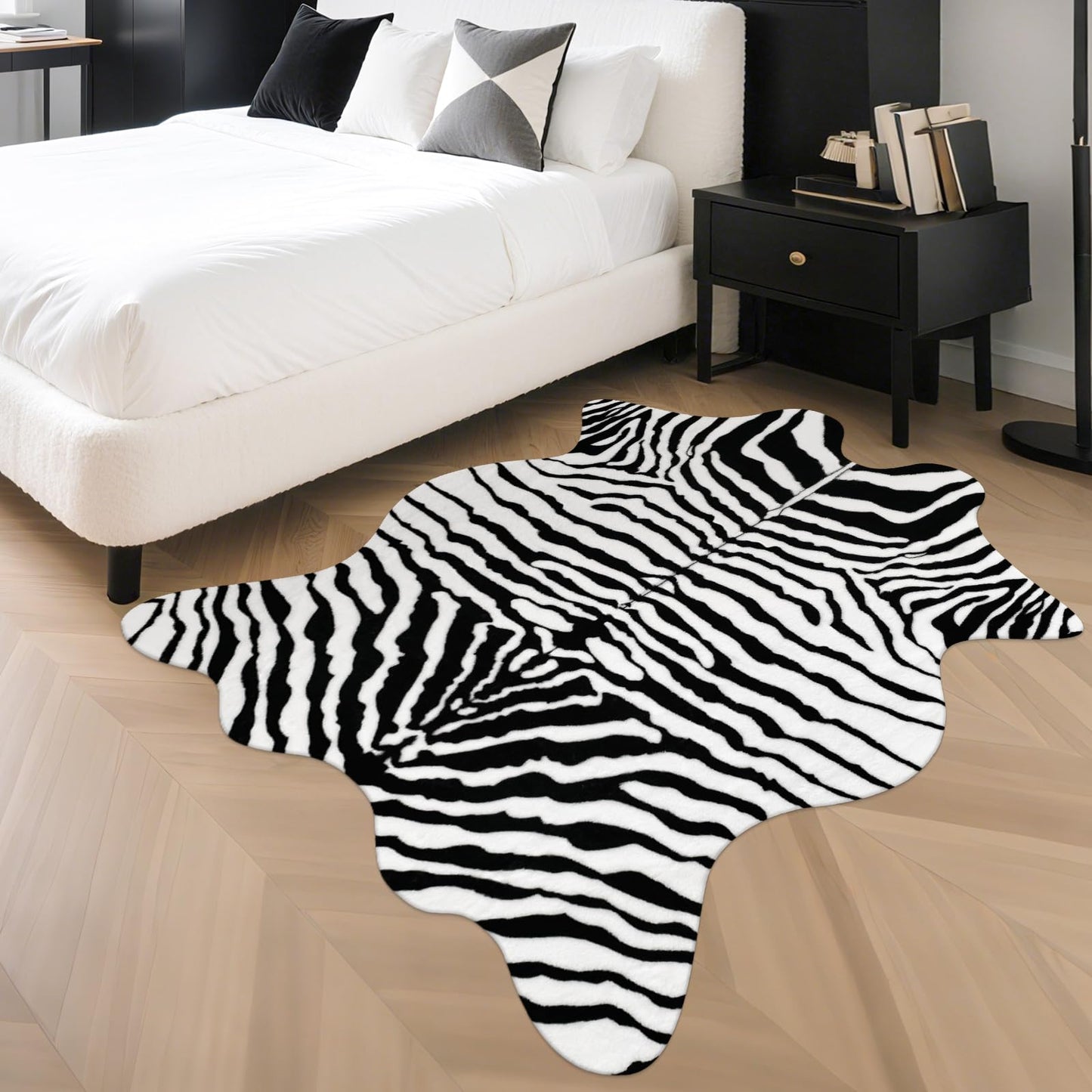 Fixseed Zebra Rug for Bedroom Living Room,4.6 x 5.2ft Western Faux Fur Animal Print Carpet Washable Rugs for Bedroom Western Decor,Black and White
