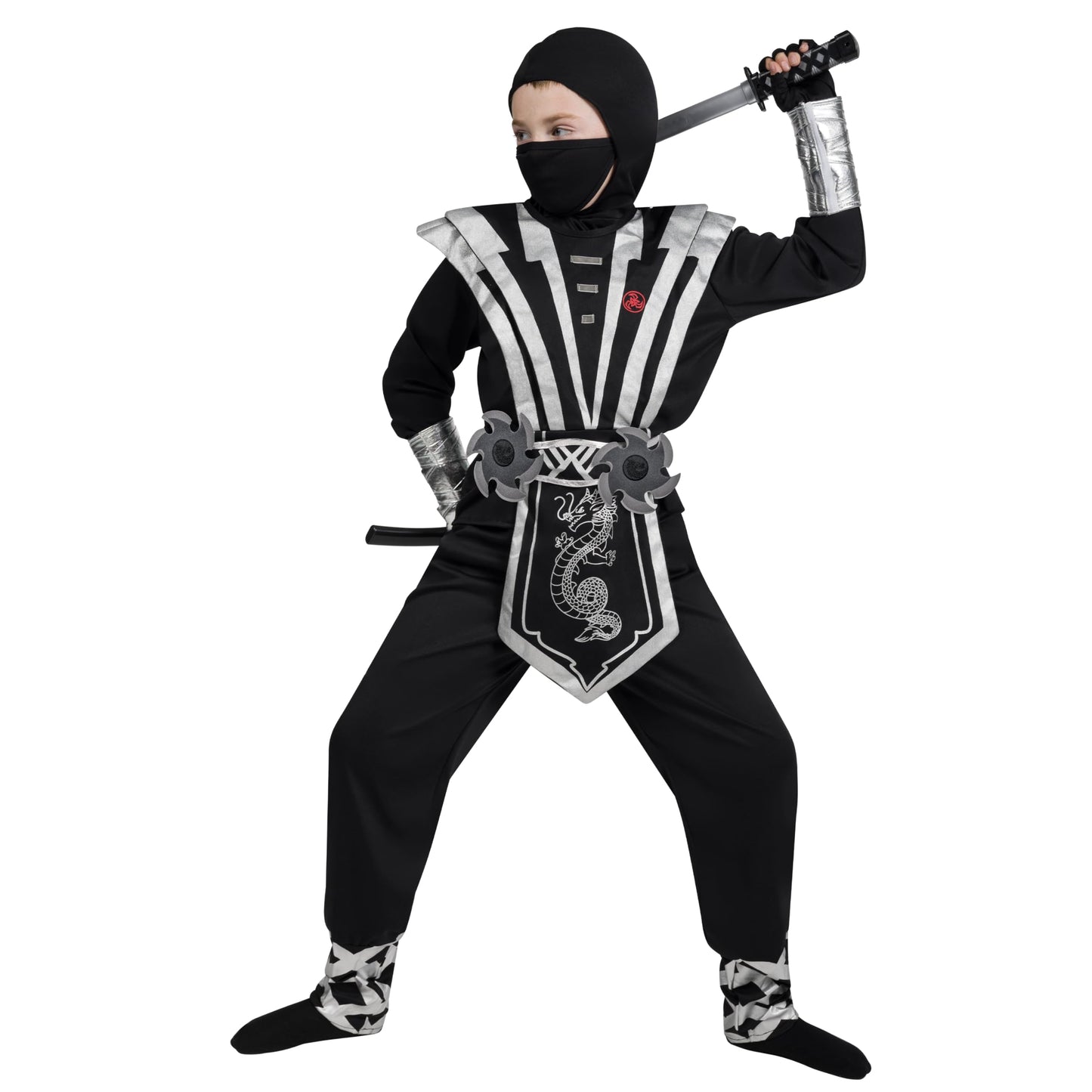 Spooktacular Creations Halloween Ninja Costume for Kids, Silver Boys Ninja Costume, Toddler Accessories Outfit Set for Dress Up and Cosplay Party, S