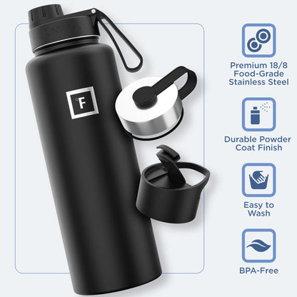 IRON °FLASK Camping & Hiking Hydration Flask with 3 Lids - Stainless Steel, Double Walled & Vacuum Insulated Water Bottle - Leak Proof & BPA Free (Midnight Black, Spout - 40 oz)