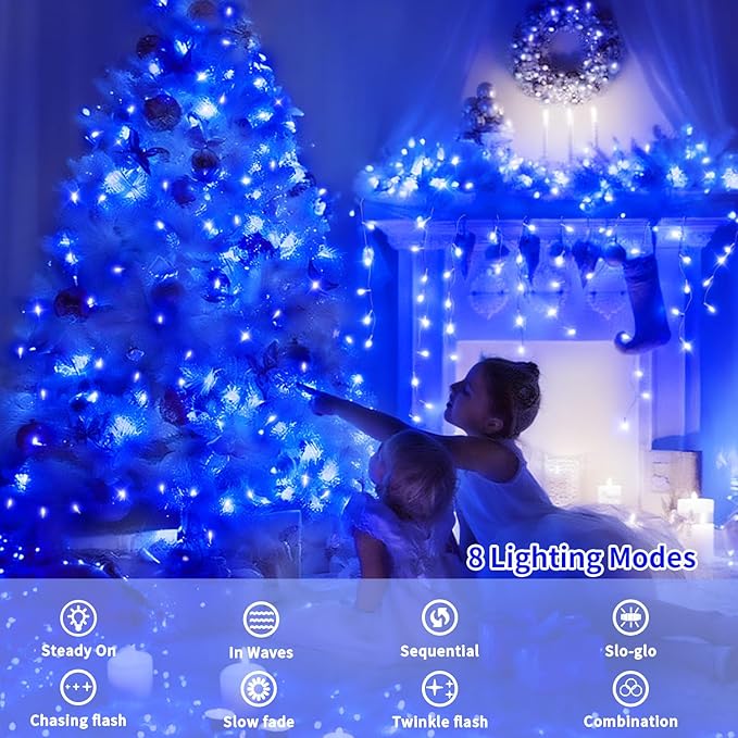 JXLEDAYY 403 FT 1000 LED Christmas Lights Outdoor Fairy Lights Plug in Extra Long String Lights Clear Wire Waterproof 8 Modes Timer for Outside House Tree Garden Yard Wedding Party Decorations-Blue