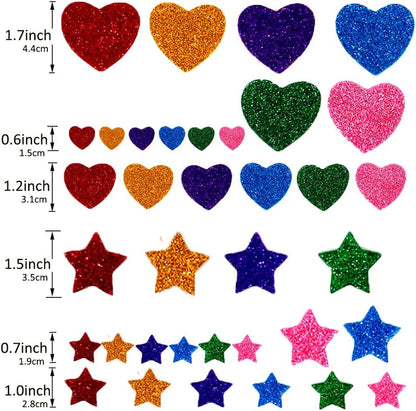 260 Pieces Colorful Glitter Foam Stickers Self Adhesive Stars Mini Heart Shapes Glitter Stickers, Kid's Arts Craft Supplies Greeting Cards Home Decoration Stars&Heart Shapes