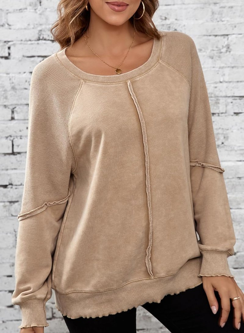 Women's Oversized Crewneck Sweatshirt - Casual Off-The-Shoulder Waffle Knit Pullover