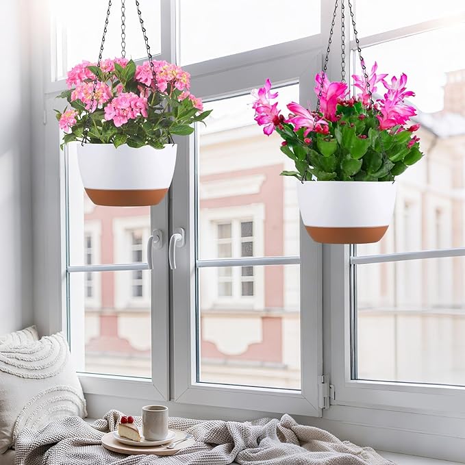 Set of 2 10 Inch Self Watering Hanging Planters for Indoor Outdoor Plants, Color Blocking Hanging Baskets Flower Pots with Drainage Hole & Removable Water-Storage Tray and 20" Chain Hanger