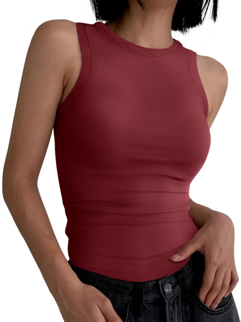 ANRABESS Womens Sleeveless High Neck Tank Tops Fashion Summer Casual Basic Slim Fit Ribbed Racerback Top Shirt Clothes Burgundy Large