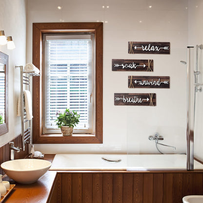 Jetec 4-Piece Farmhouse Rustic Bathroom Wall Art: Soak, Relax, Unwind, Breathe - Brown Wooden Signs with Arrows - Bathroom Decor